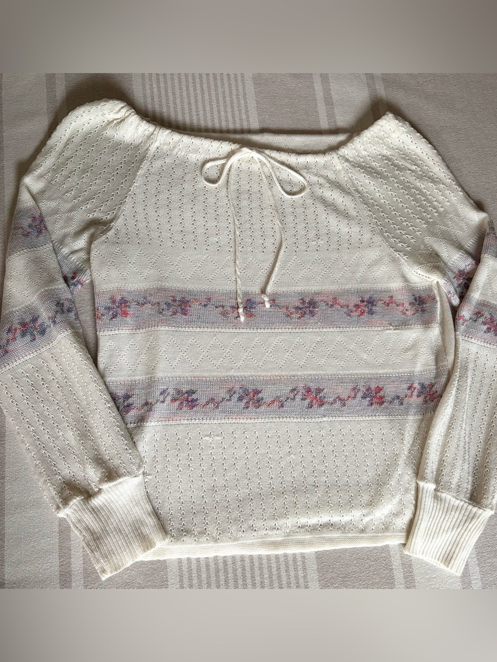 Y2K Off or On Shoulder Cream Open Knit Sweater Floral Stripe Bow Small / Medium